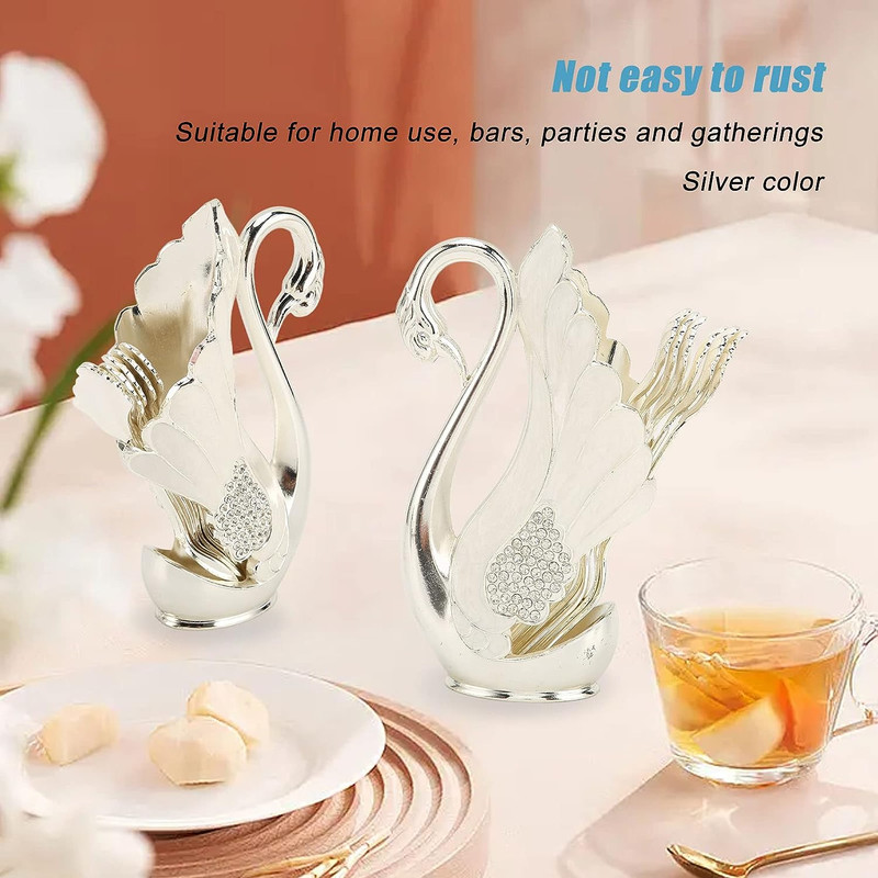 قاشق چای خوری مدل نگین دار طرح قو بسته 6 عددی به همراه جاقاشقی