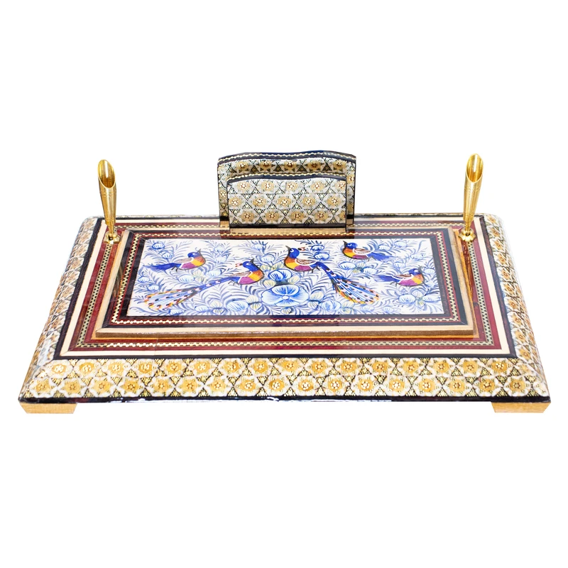 قلمدان خاتم کاری چوبی صنایع دستی فاخر مدل اداری طرح گل و مرغ برجسته کد Bl30p20-4f4