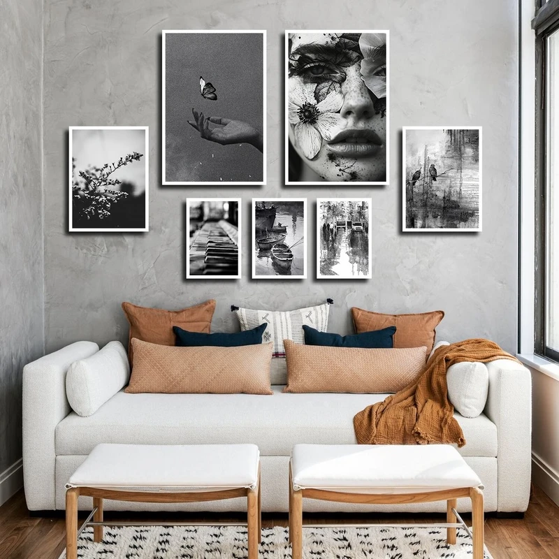 تابلو بکلیت طرح طبیعت و چهره مدل شاین اکلیلی W-2387 فریم سفید مجموعه 7 عددی