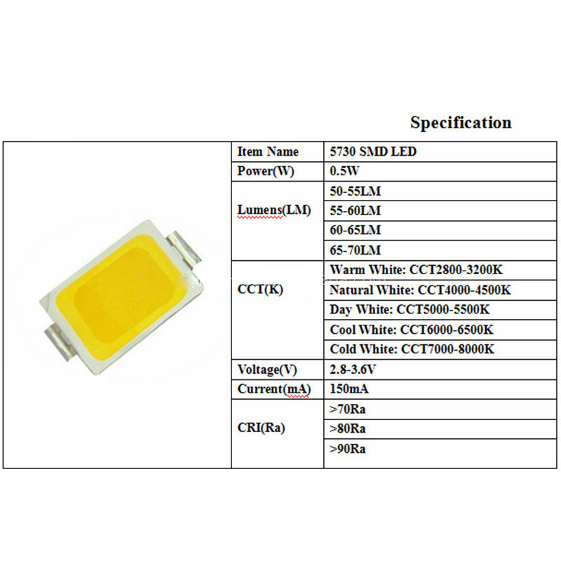 چیپ ال ای دی 0.5 وات مدل 5730 3V 0.5W بسته 100 عددی