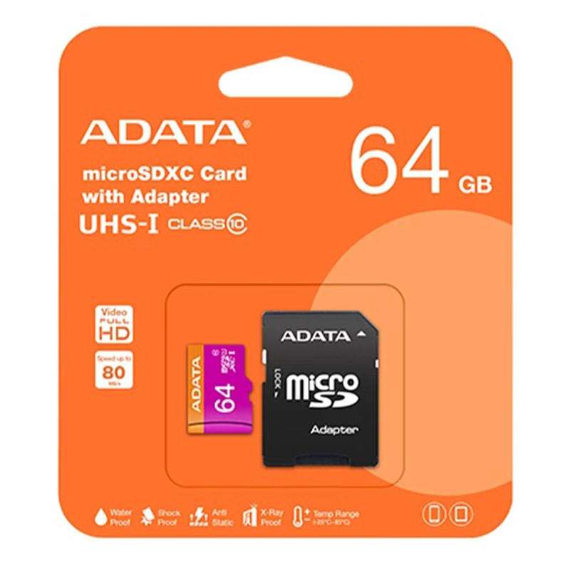 کارت حافظه microSDXC ای دیتا مدل Premier کلاس 10 استاندارد UHS-I U1 سرعت 80MBps ظرفیت 64 گیگابایت به همراه آداپتور SD کارت حافظه microSDXC ای دیتا مدل Premier کلاس 10 استاندارد UHS-I U1 سرعت 80MBps ظرفیت 64 گیگابایت به همراه آداپتور SD