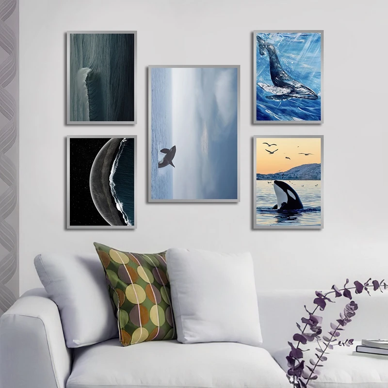 تابلو ساده بکلیت طرح دریا و دلفین مدل شاین اکلیلی SI-3020 فریم نقره ای مجموعه 5 عددی