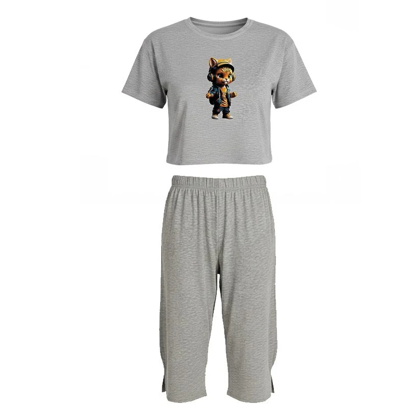 ست کراپ تی‌شرت آستین کوتاه و شلوارک راحتی زنانه مدل گربه کد M120