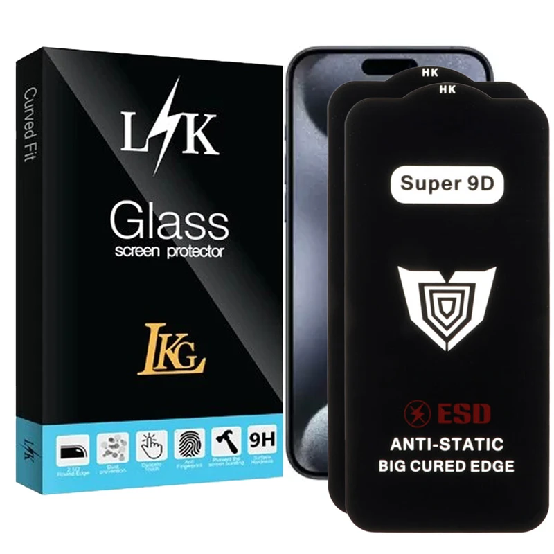 محافظ صفحه نمایش ال کا جی مدل Super 9D مناسب برای گوشی موبایل اپل iPhone 15 Pro بسته 2 عددی