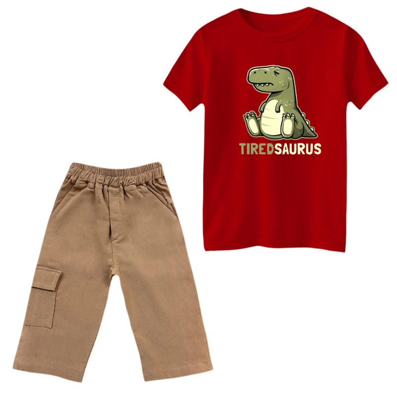 ست تی‌شرت و شلوارک پسرانه مدل دایناسور خسته