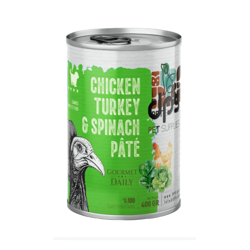 کنسرو غذای گربه نابالغ دی پی اس مدل پته طعم مرغ، بوقلمون و اسفناج وزن ۴۰۰ گرم