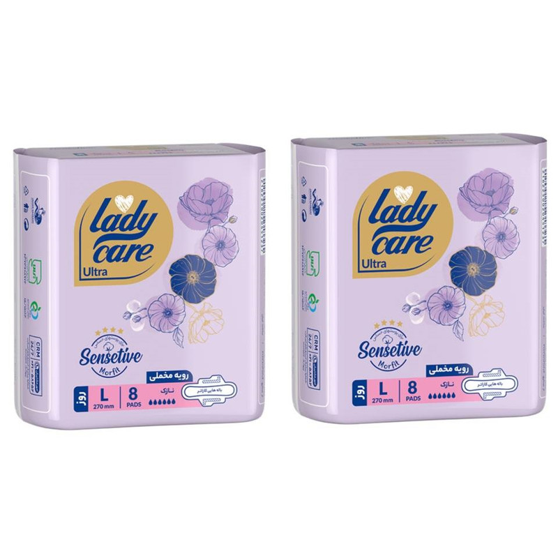نوار بهداشتی بالدار نازک روز لیدی کر مدل مخملی سایز بزرگ 2 بسته 8 عددی