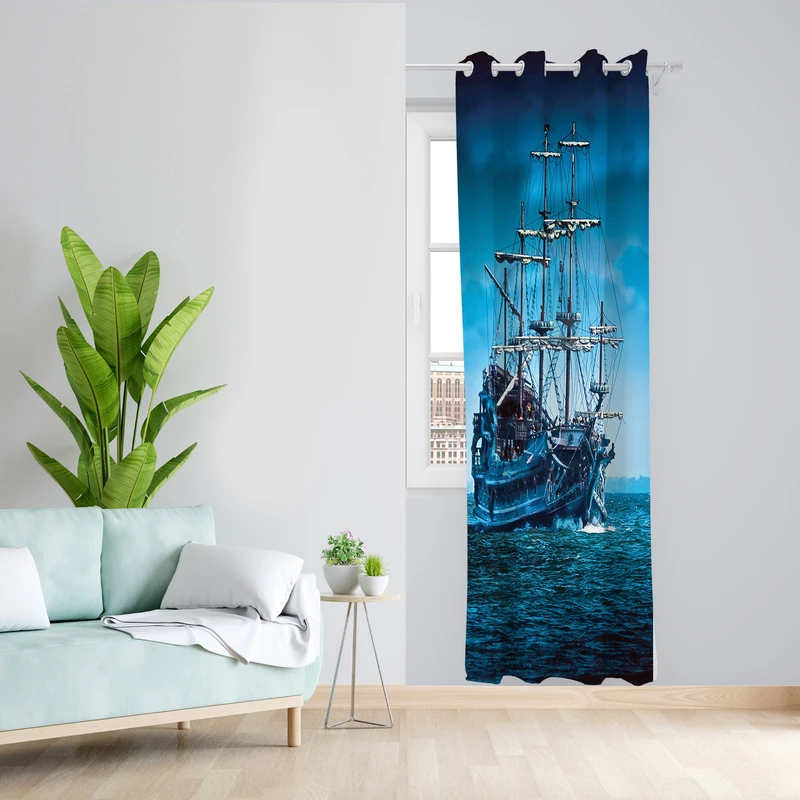 پرده طرح کشتی و اقیانوس مدل مخمل پانچی کد L 235_L Z سایز 140x200 سانتی متر