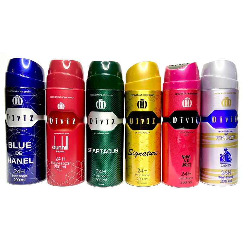 اسپری دئودورانت زنانه و مردانه دیوایز کد 1 حجم 200 میلی لیتر مجموعه 6 عددی