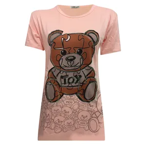 تی شرت آستین کوتاه زنانه مدل نخی تدی ویسکوز نگینی چاپی کد tm-2260 