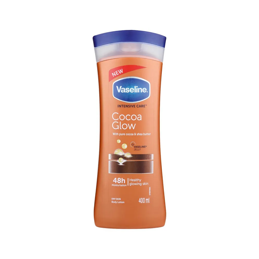 لوسیون بدن وازلین مدل Cocoa Glow حجم 400 میلی‌لیتر نرم کننده و آبرسان پوست خشک و حساس با عصاره کاکائو و شی باتر، حاوی ویتامین E، حفظ نرمی و لطافت پوست و جلوگیری از خشکی و خارش