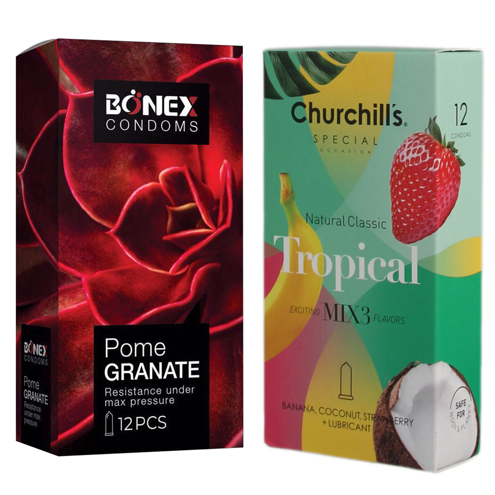 کاندوم چرچیلز مدل Tropical بسته 12 عددی به همراه کاندوم بونکس مدل Pome Granate بسته 12 عددی 