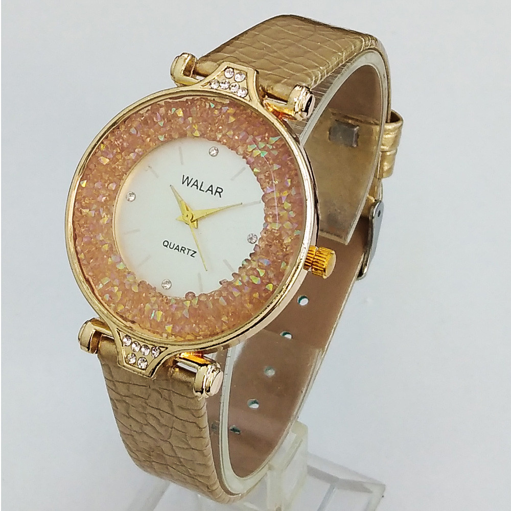 ساعت مچی عقربه ای دخترانه والار مدل بندچرمی دور شنی کد GOLD36