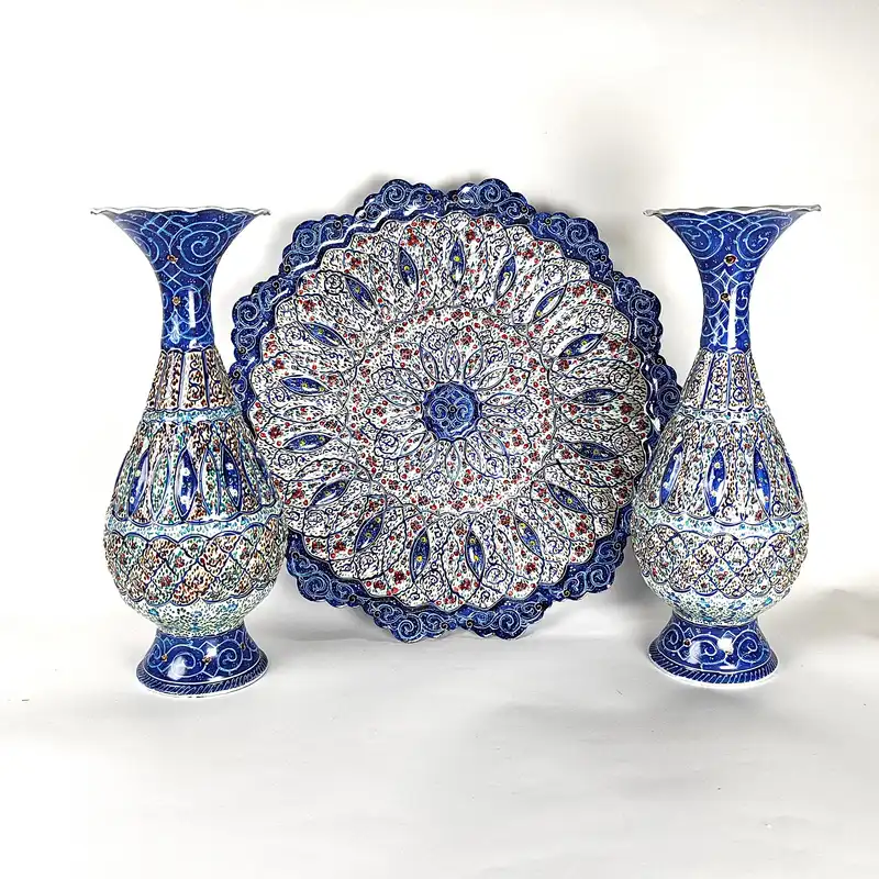 ست 3 تکه بشقاب و گلدان میناکاری مسی مدل شیرازی کد B30