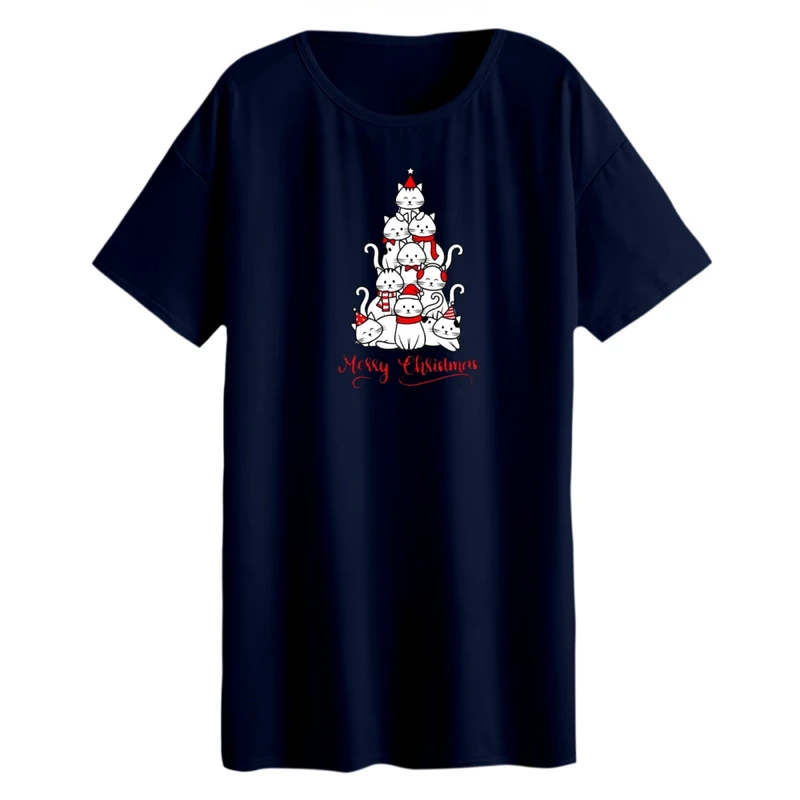 تی شرت لانگ زنانه مدل گربه کریسمس کد 2