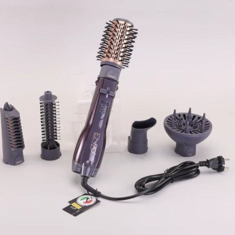 سشوار برس‌دار چرخشی انزو پروفیشینال مدل EN-4136 با توان 1500 وات، موتور AC، تنظیم دما در دو حالت، سری‌های فرکننده، صاف‌کننده و حجم‌دهنده، کاهش وز مو، همراه با متمرکزکننده باریک و کیف نگهداری