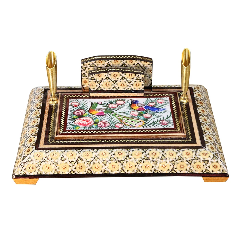 قلمدان خاتم کاری چوبی صنایع دستی فاخر مدل اداری طرح گل و مرغ برجسته کد Gr20p15-2f4