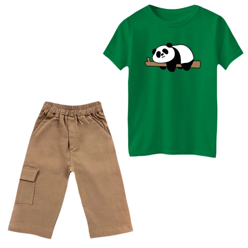 ست تی‌شرت و شلوارک پسرانه مدل پاندا و شاخه رنگ سبز