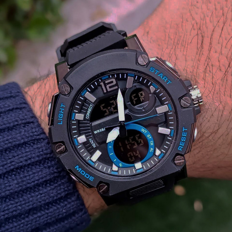 ساعت مچی عقربه‌ای مردانه کوارتز کرنوگراف مدل دو زمانه  بند پیو کد 3