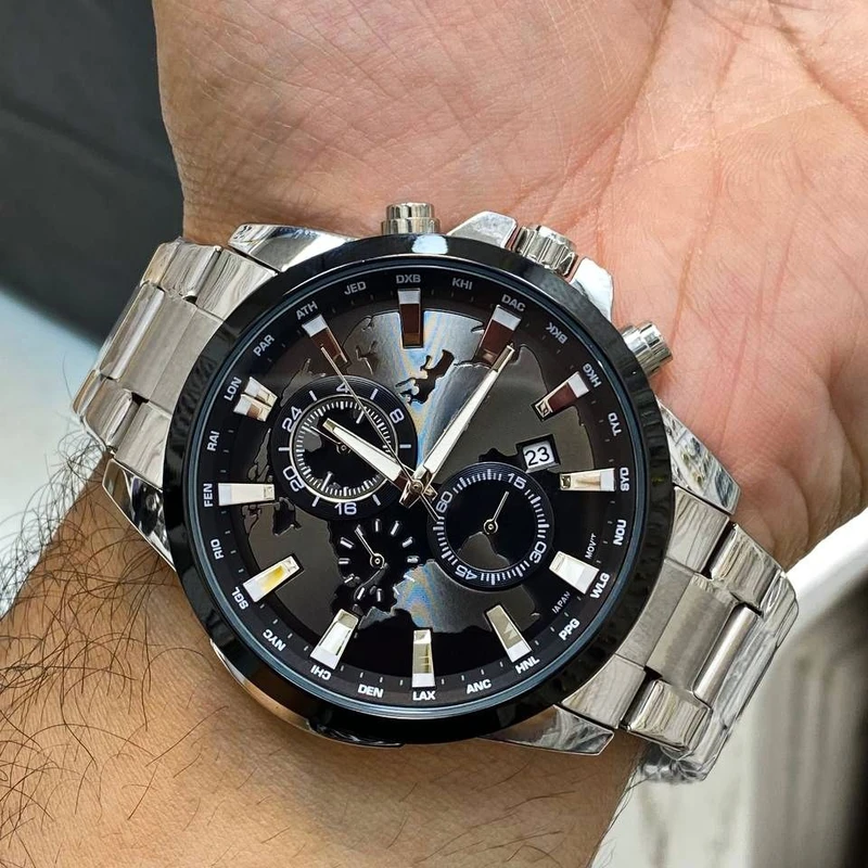 عکس شماره 7 : ساعت مچی عقربه-ای کوارتز مردانه مدل سه موتور فعال کورنوگراف جهان نما کد 102