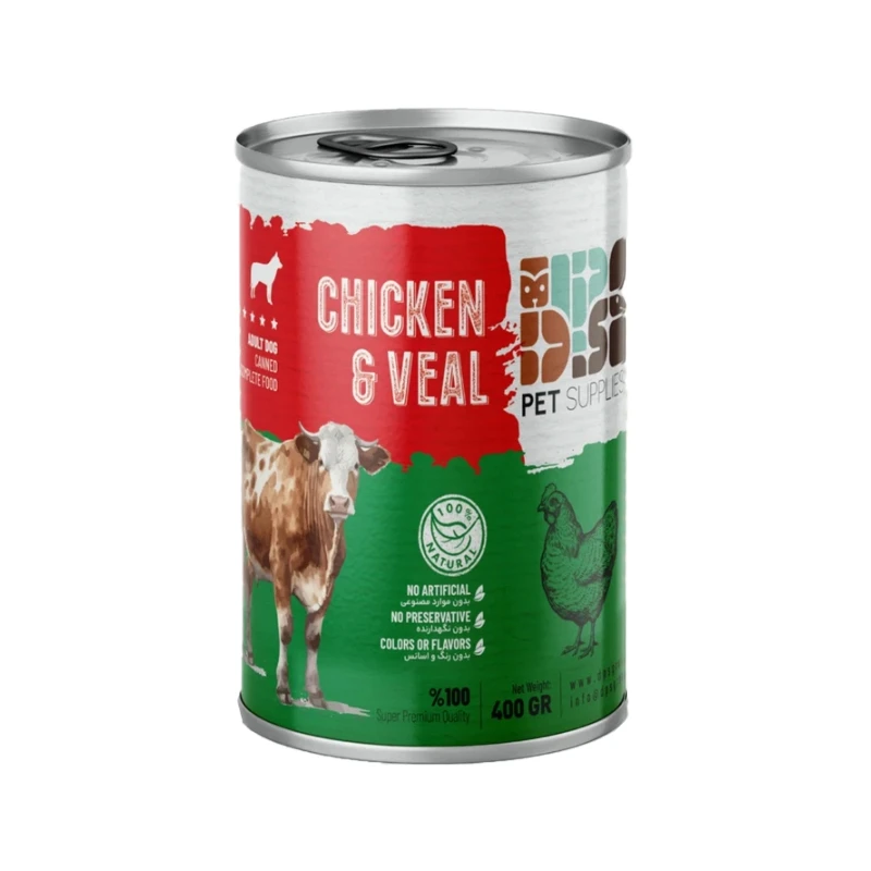 کنسرو غذای سگ دی پی اس مدل نچرال طعم مرغ، گوساله وزن ۴۰۰ گرم