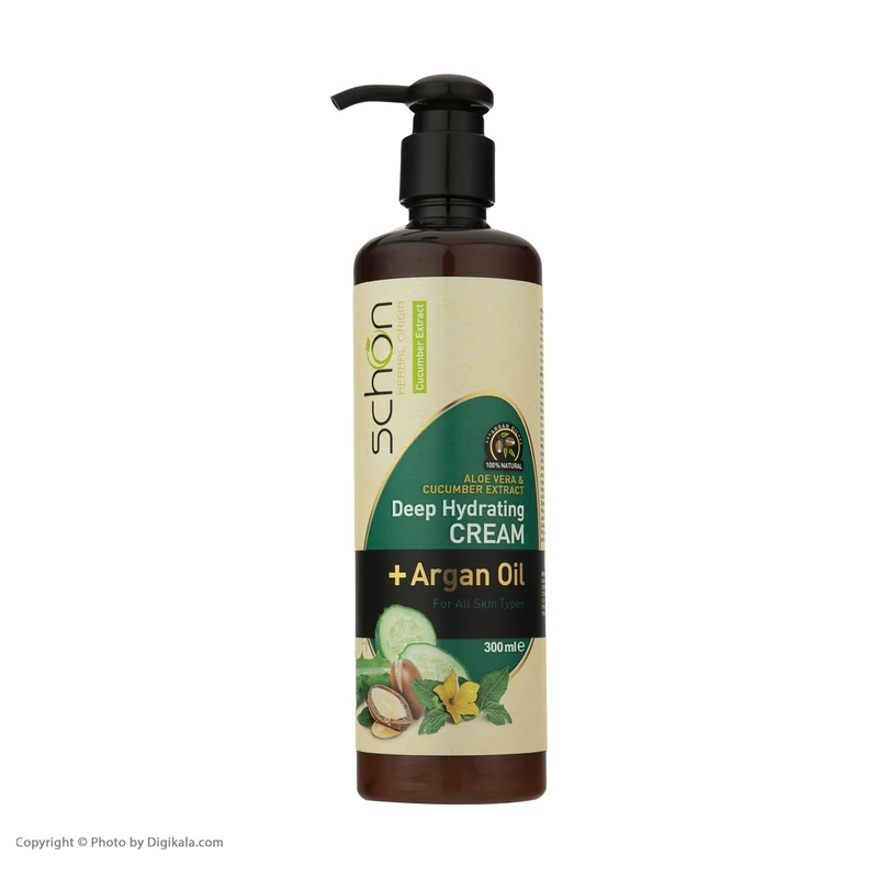 عکس شماره 5 : کرم مرطوب-کننده شون، مدل cucumber، مناسب انواع پوست، با عصاره خیار، حاوی روغن آرگان، مناسب استفاده برای دست و صورت، حجم 300 میلی-لیتر