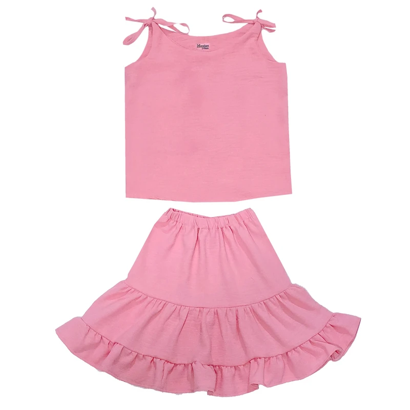 ست تاپ و دامن دخترانه مدل چین دار رنگ صورتی