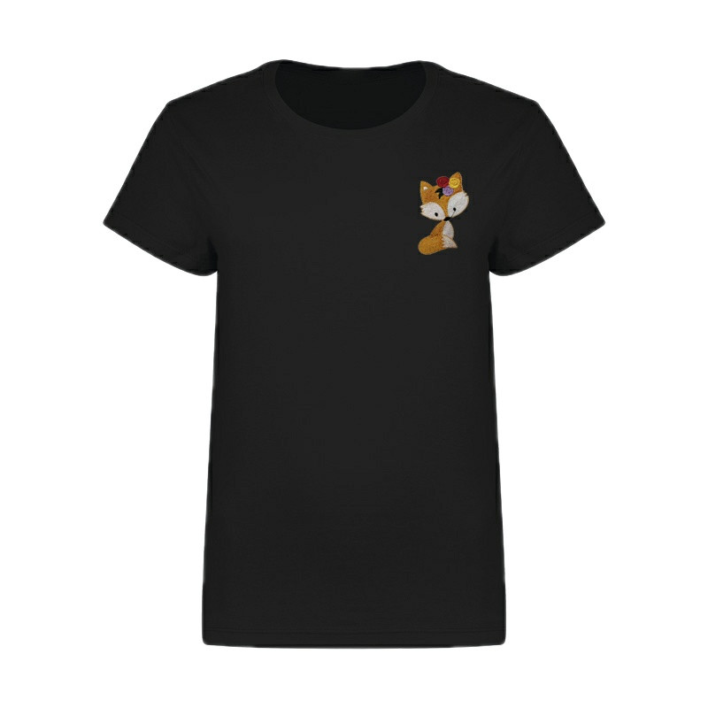 تی شرت آستین کوتاه زنانه مدل گلدوزی شده روباه رنگ مشکی
