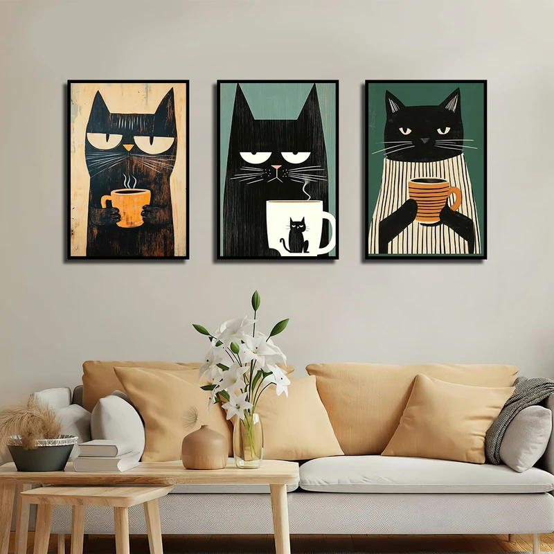 تابلو بکلیت طرح نقاشی گربه مدل B-3806 فریم مشکی مجموعه 3 عددی