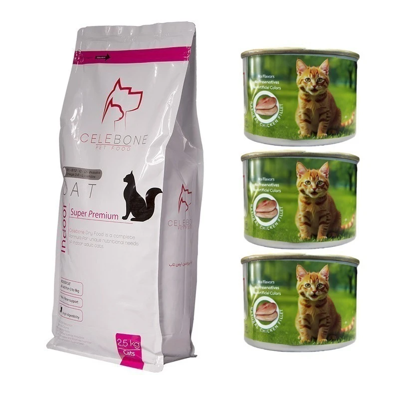 غذای خشک گربه بالغ سلبن مدل Indoor Cat Pack طعم مرغ به همراه کنسرو بسته 4 عددی