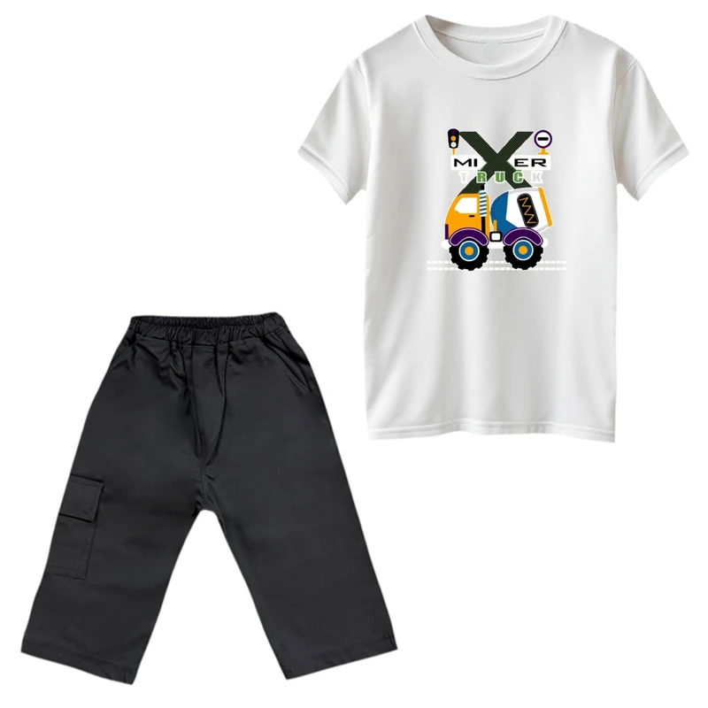 ست تی‌شرت و شلوارک پسرانه مدل تراکتور سنگین رنگ سفید 