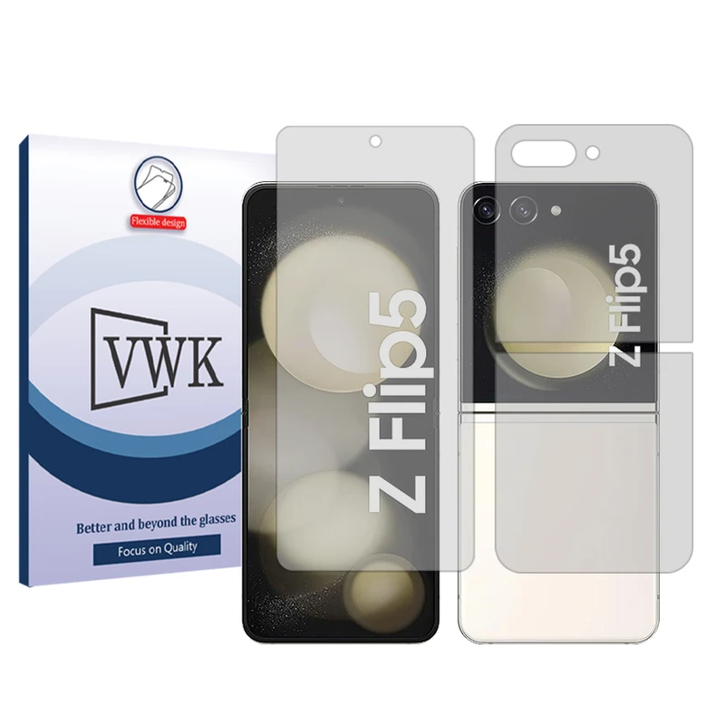 محافظ صفحه نمایش شفاف وی دبلیو کی مدل Tough مناسب برای گوشی موبایل سامسونگ Galaxy Z Flip5 به همراه محافظ پشت گوشی