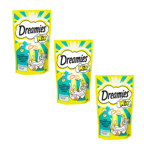 غذای تشویقی گربه دریمیز مدل Snack With Salmon and Cheese وزن 60 گرم بسته 3 عددی