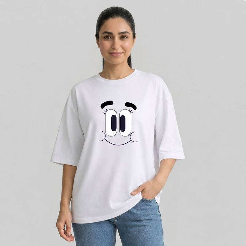 تی شرت آستین سه ربع زنانه مدل باکسی طرح چشم و ابرو کد m11