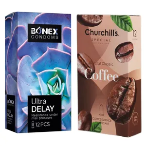 کاندوم چرچیلز مدل Coffee بسته 12 عددی به همراه کاندوم بونکس مدل Ultra Delay بسته 12 عددی 