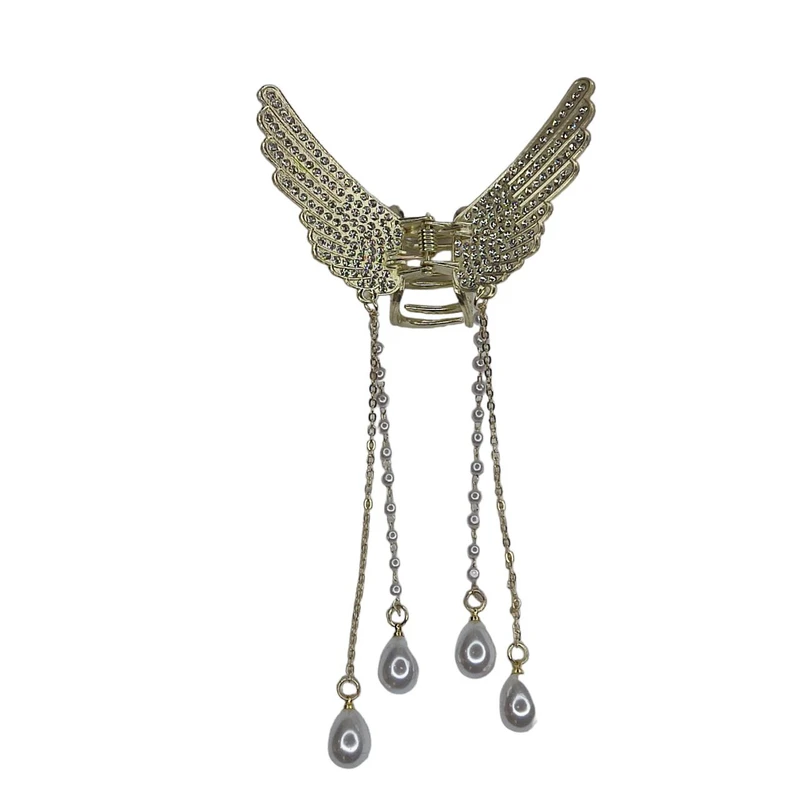 کلیپس مو زنانه مدل فلزی طرح بال فرشته نگیندار آویزدار مروارید کد S-KFP