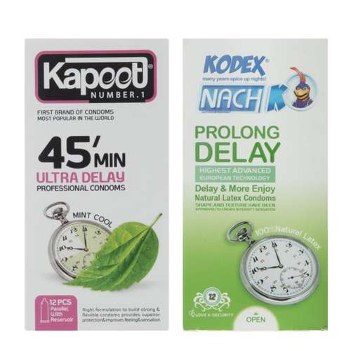 کاندوم تاخیری کاپوت مدل 45MIN بسته 12 عددی به همراه کاندوم تاخیری کدکس مدل PROLONG DELAY بسته 12 عددی