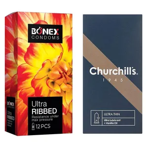 کاندوم چرچیلز مدل Ultra Thin بسته 12 عددی به همراه کاندوم بونکس مدل Ultra Ribbed بسته 12 عددی 
