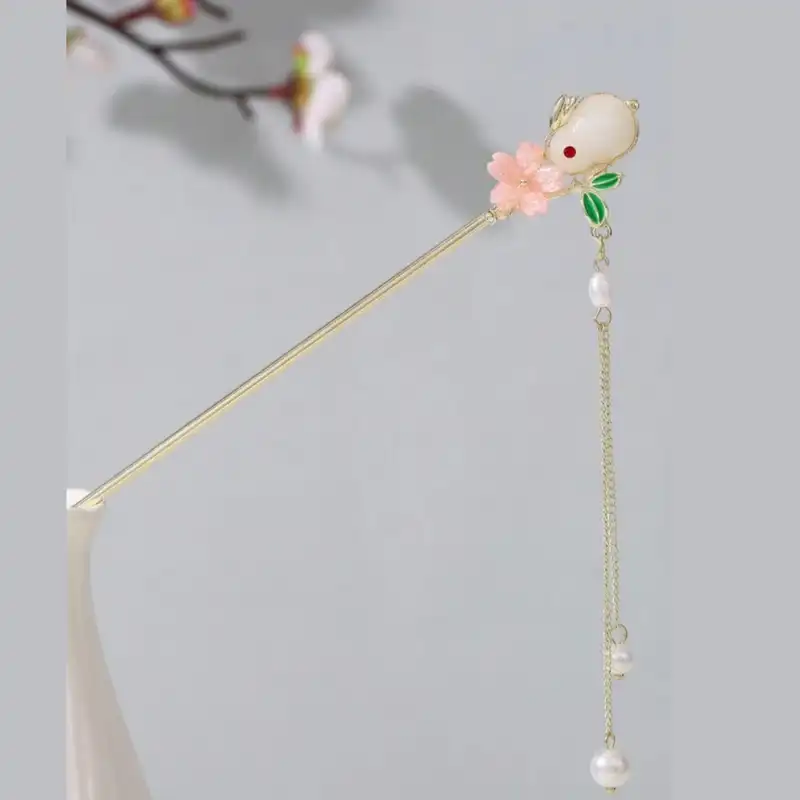 گیره مو زنانه مدل کانزاشی گل و خرگوش آویزدار کد brg 4290