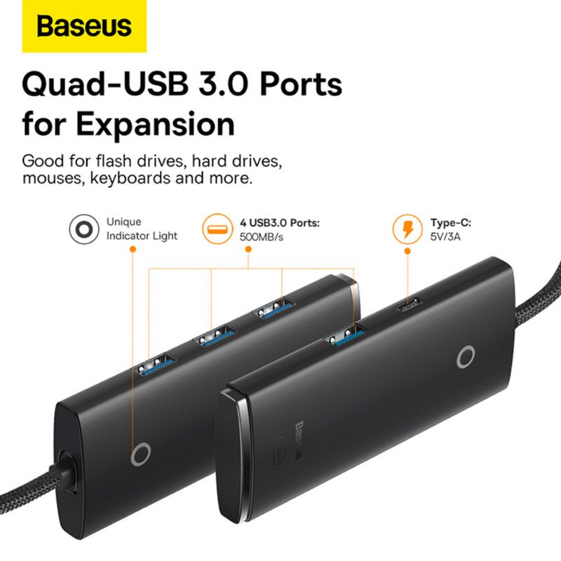 هاب 4 پورت USB3 باسئوس مدل AirJoy Series-WKQX080001 25cm