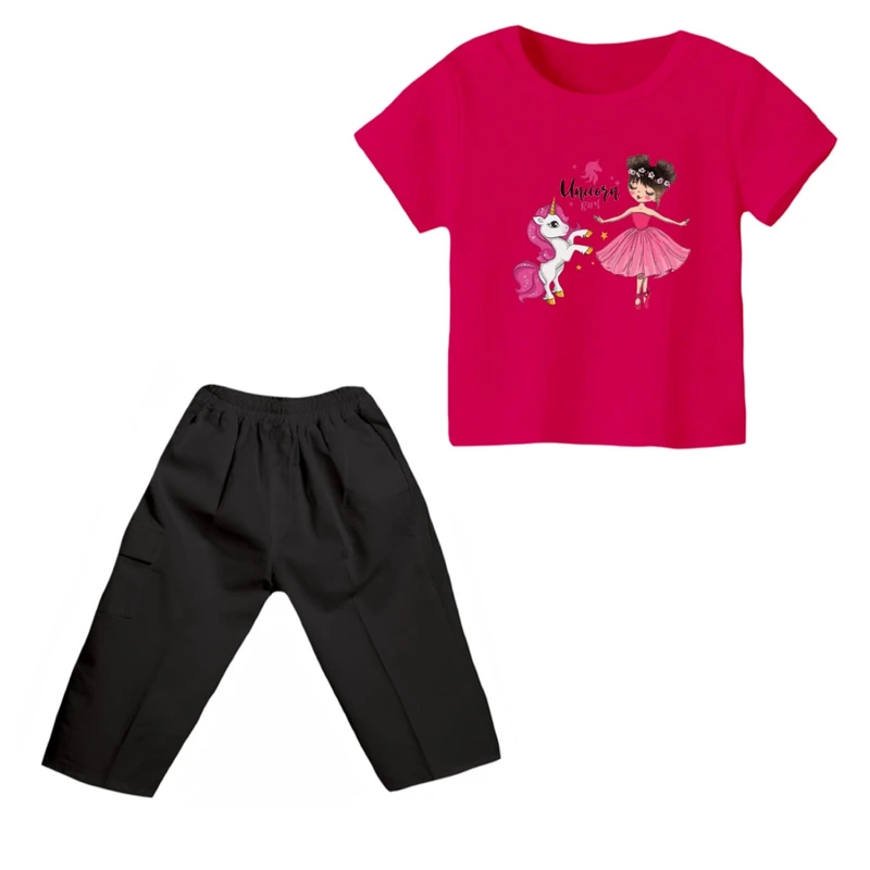 ست تی شرت و شلوارک دخترانه مدل یونیکورن کد ۹ رنگ سرخابی