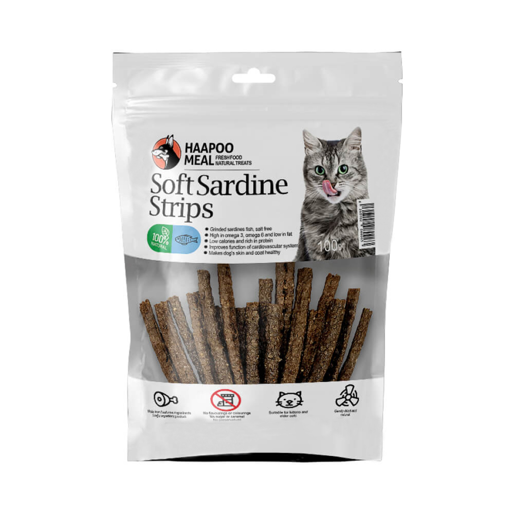 تشویقی گربه هاپومیل مدل استریپ نرم ساردین کد Soft Sardine Strips وزن 100 گرم