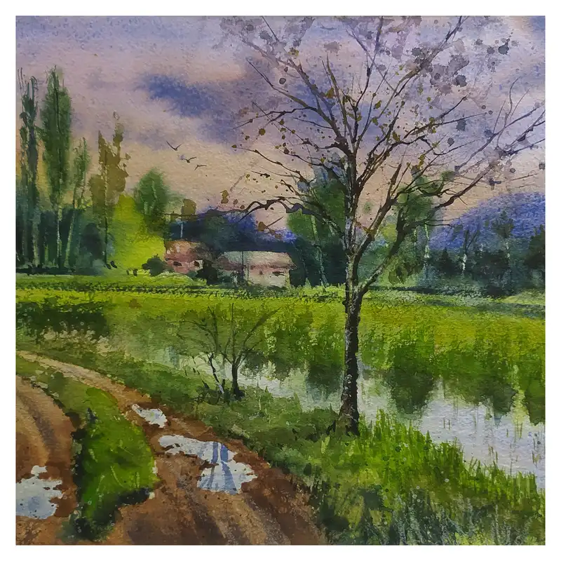 نقاشی آبرنگ طرح شالیزار کد 03