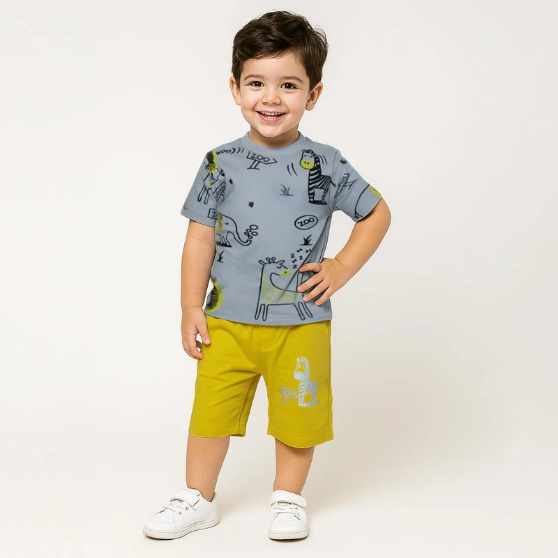 ست تی شرت و شلوارک پسرانه مدل zzz رنگ زرد