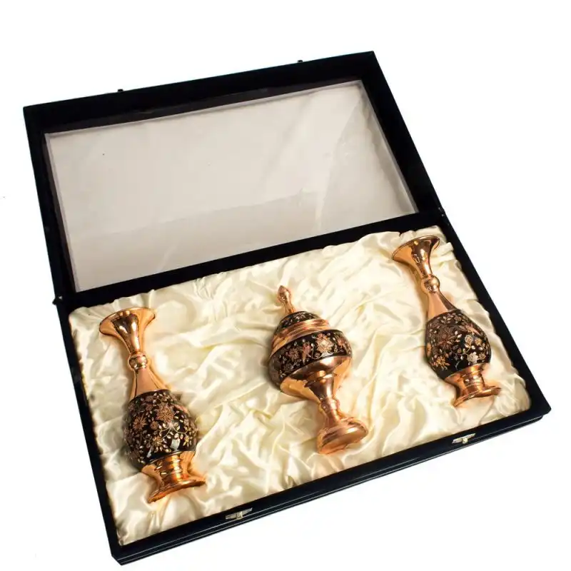 ست 3 تکه گلدان و شکلات خوری مسی مدل تراش کد M3