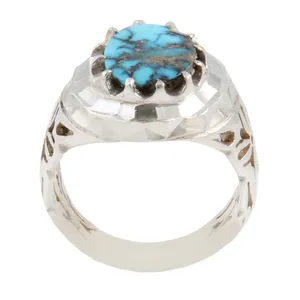 انگشتر نقره مردانه بازرگانی میلادی مدل سنگ فیروزه طبیعی نیشابور رکاب دست سیاه قلم کد AM_1640