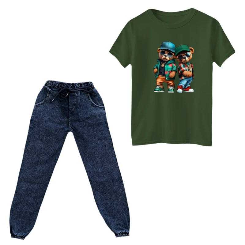 ست تی‌شرت و شلوار پسرانه مدل تدی پوش رنگ یشمی