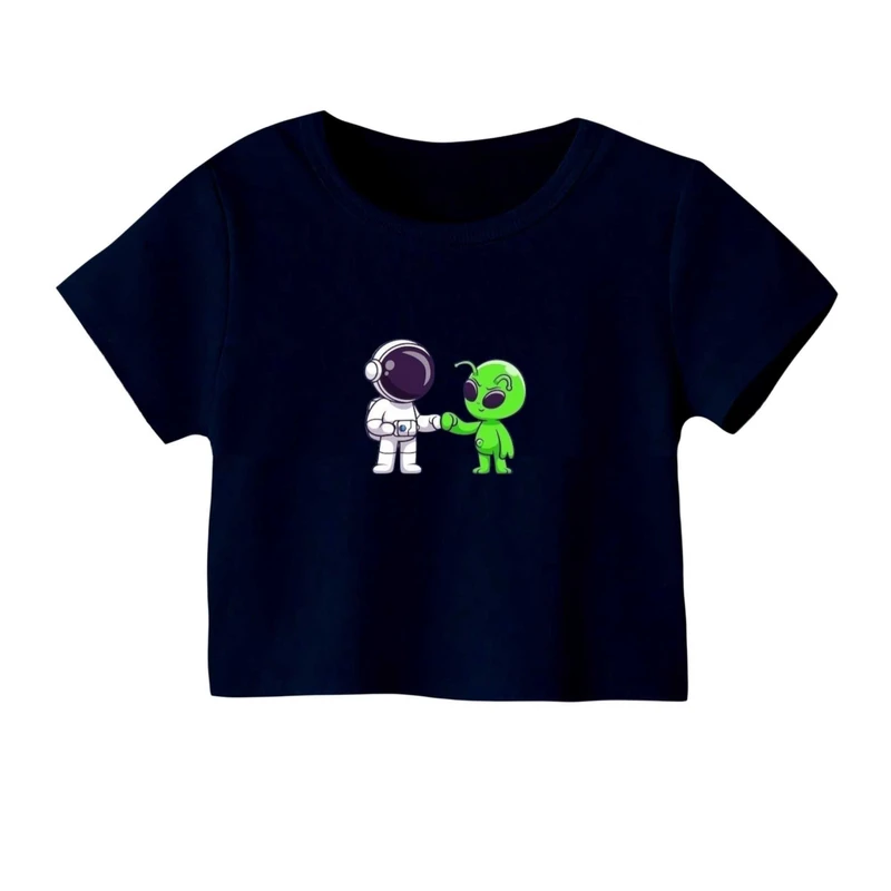 کراپ‌ تی‌شرت آستین کوتاه زنانه مدل فضانورد و آدم فضایی