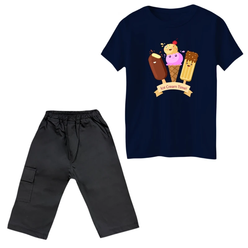 ست تی‌شرت آستین کوتاه و شلوارک دخترانه مدل بستنی تایم رنگ سورمه ای