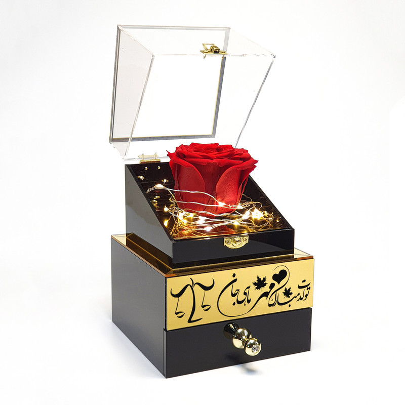 گل رز جاودان مدل گنجینه موزیکال طرح تولدت مبارک مهر ماهی جان کد M01